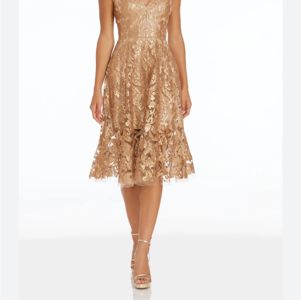 NWT Elegant Lace Midi Dress in Tan/Gold